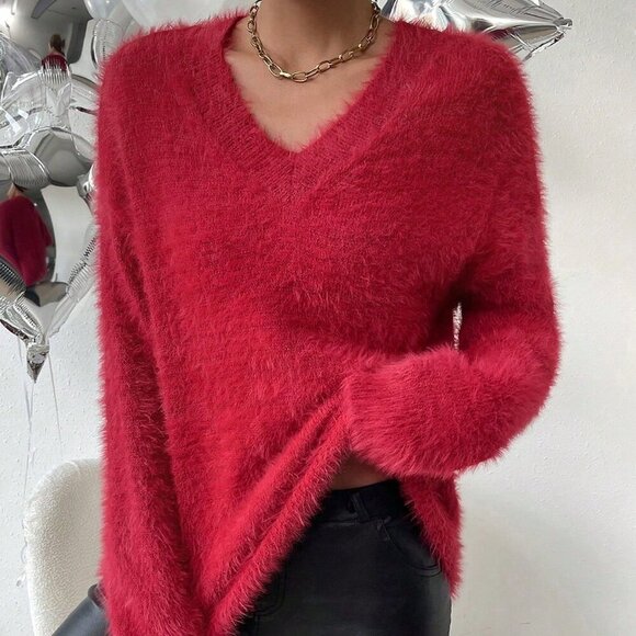 Red Casual Women's Mink V-Neck Versatile Minimalist Pullover Knit Sweater - Picture 5 of 8